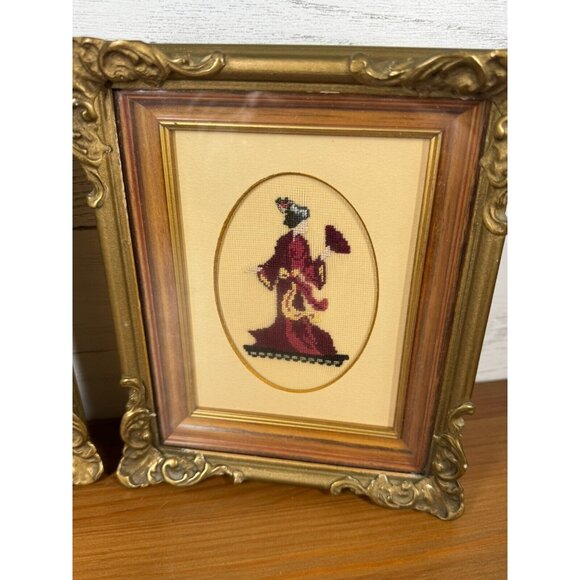 Vintage Ornated Framed Petit Point Cross Stitch Japan Man & Woman - Traditional - Picture 2 of 4